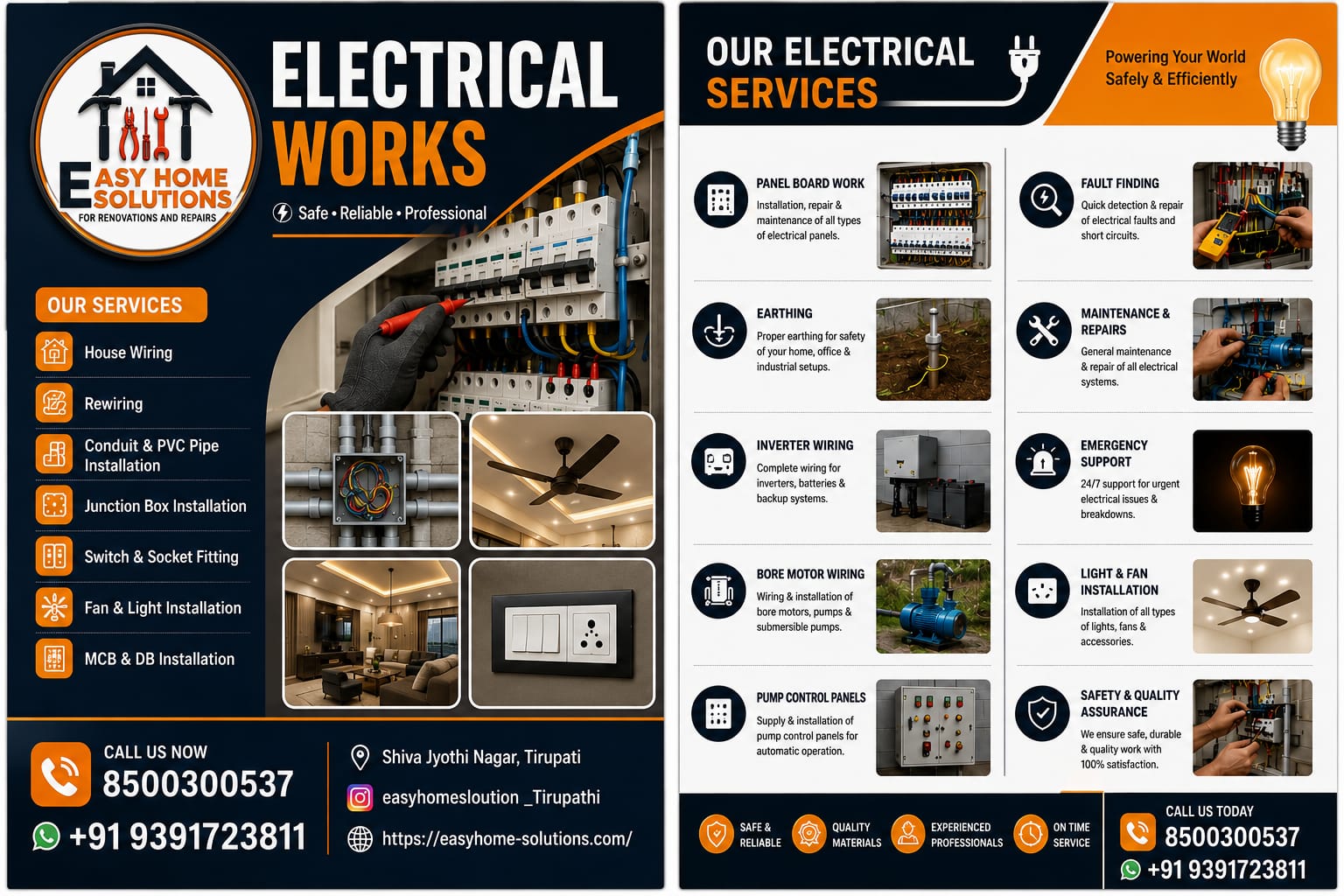 Electrical works — house wiring, panel boards, earthing and inverter wiring