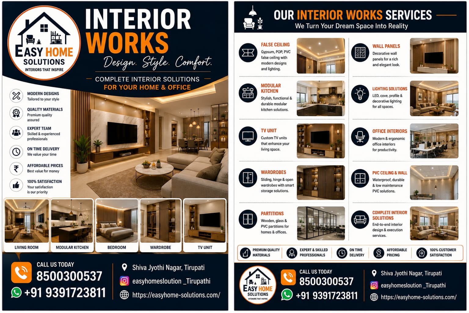 Interior works — false ceiling, modular kitchen, wardrobes and lighting