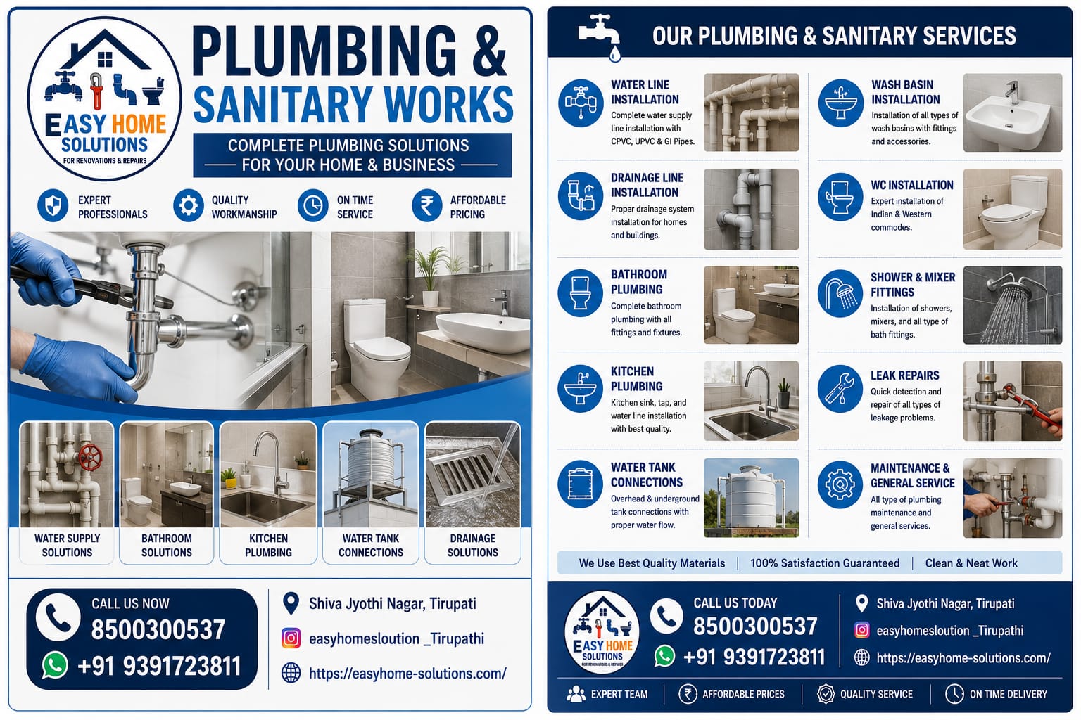 Plumbing and sanitary works — water lines, drainage and bathroom fittings
