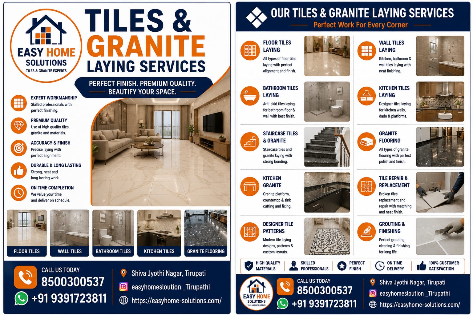 Tiles and granite laying — floor, wall, kitchen and bathroom tiles